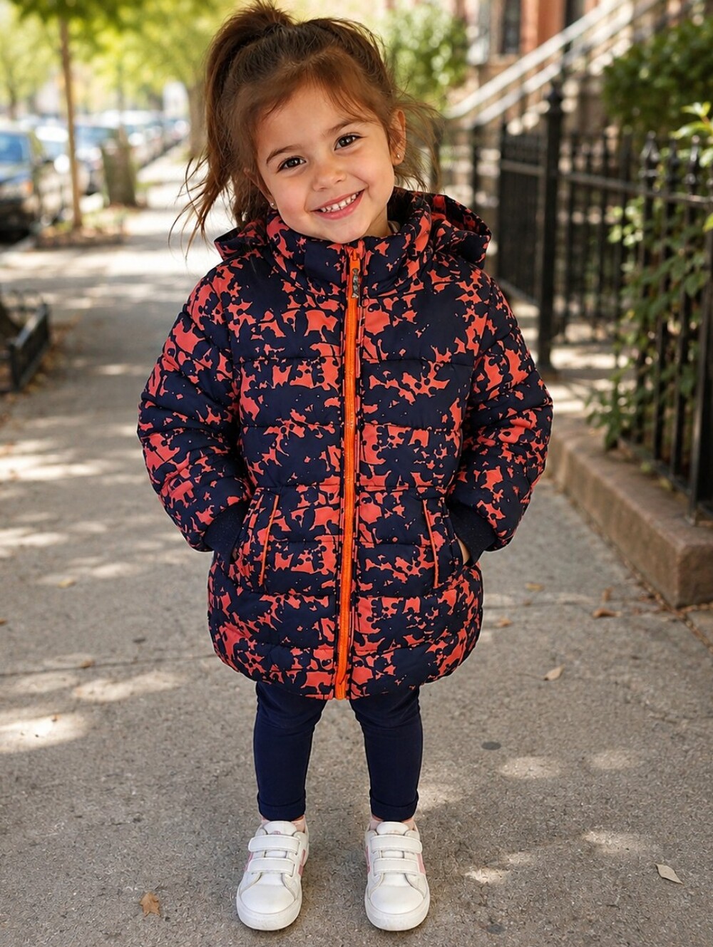 Nono pink/navy Puffer Coat with Quilted and fur lined Design and Hood. Girls S 4